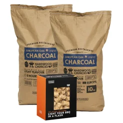 2 zakken houtskool European Oak Smokin’ Flavours + 1 doos aanmaakwokkels